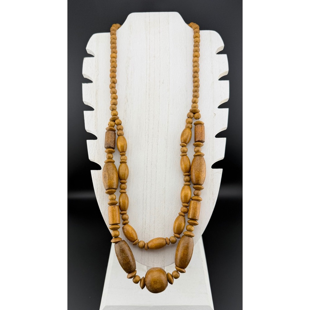 Wood Beaded‎ Necklace Brown Double Strand Chunky Boho Tribal Vintage READ